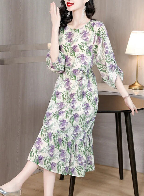 Enchanting Floral Long Sleeve Dress, Luxury Chic Ruffled Long Casual & Evening Women Dress